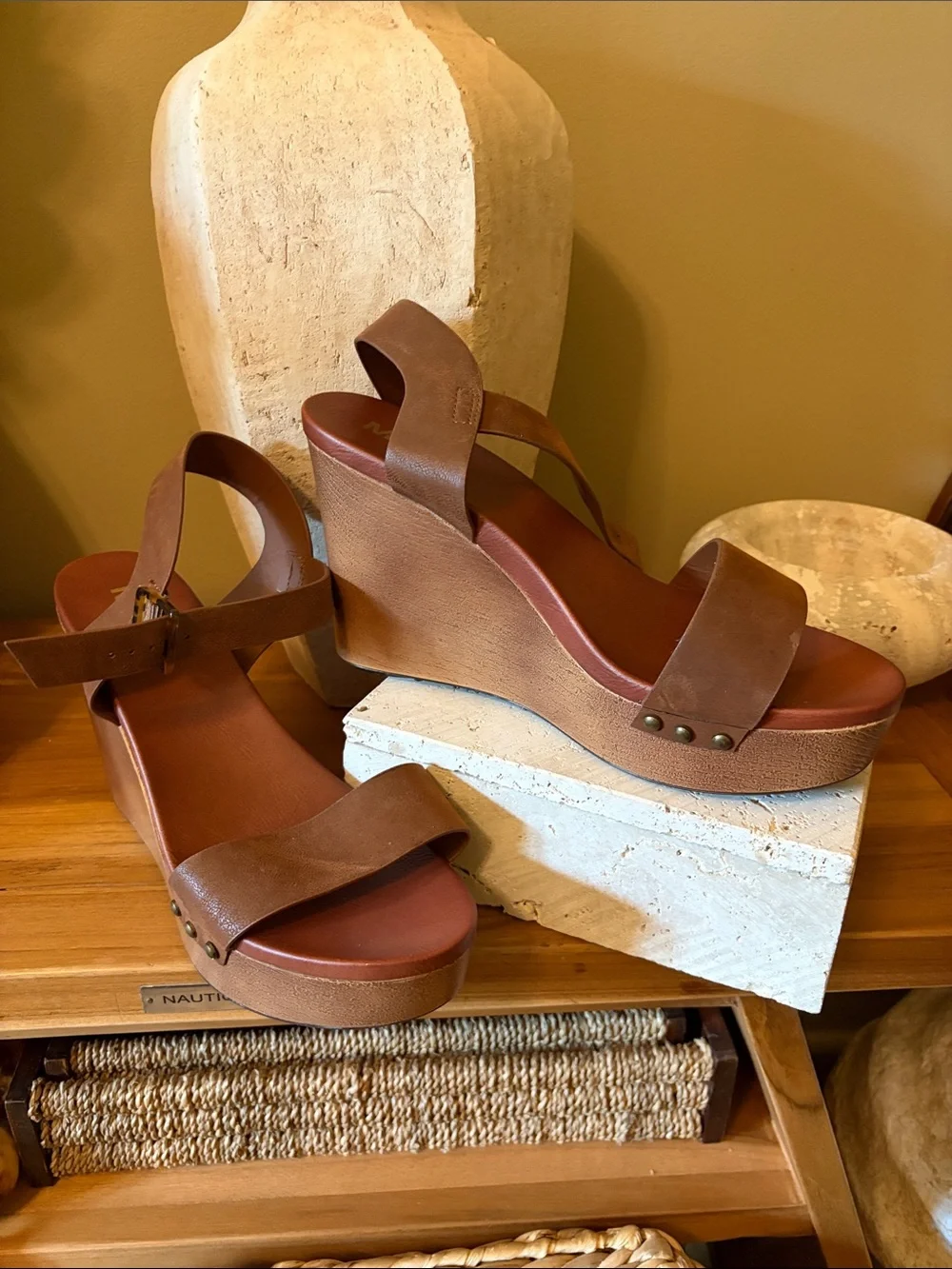 MIA Brown Leather Wedge Sandals with Ankle Strap